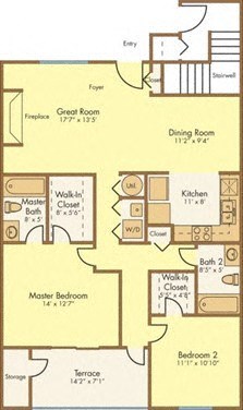 Floor plan for 2 beds, 2 baths, 1078 sqft